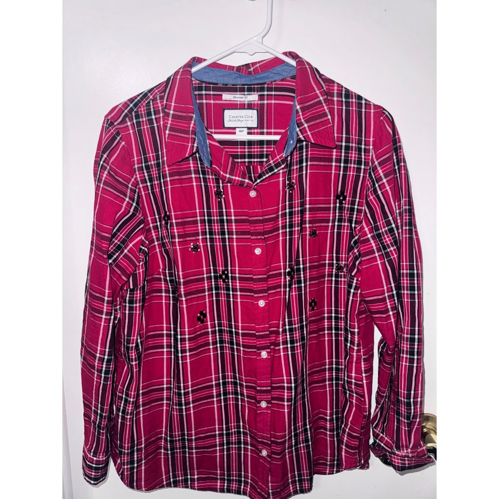 Charter Club Petite Red Plaid Beaded Button Down Flannel Shirt Relaxed Fit 16P